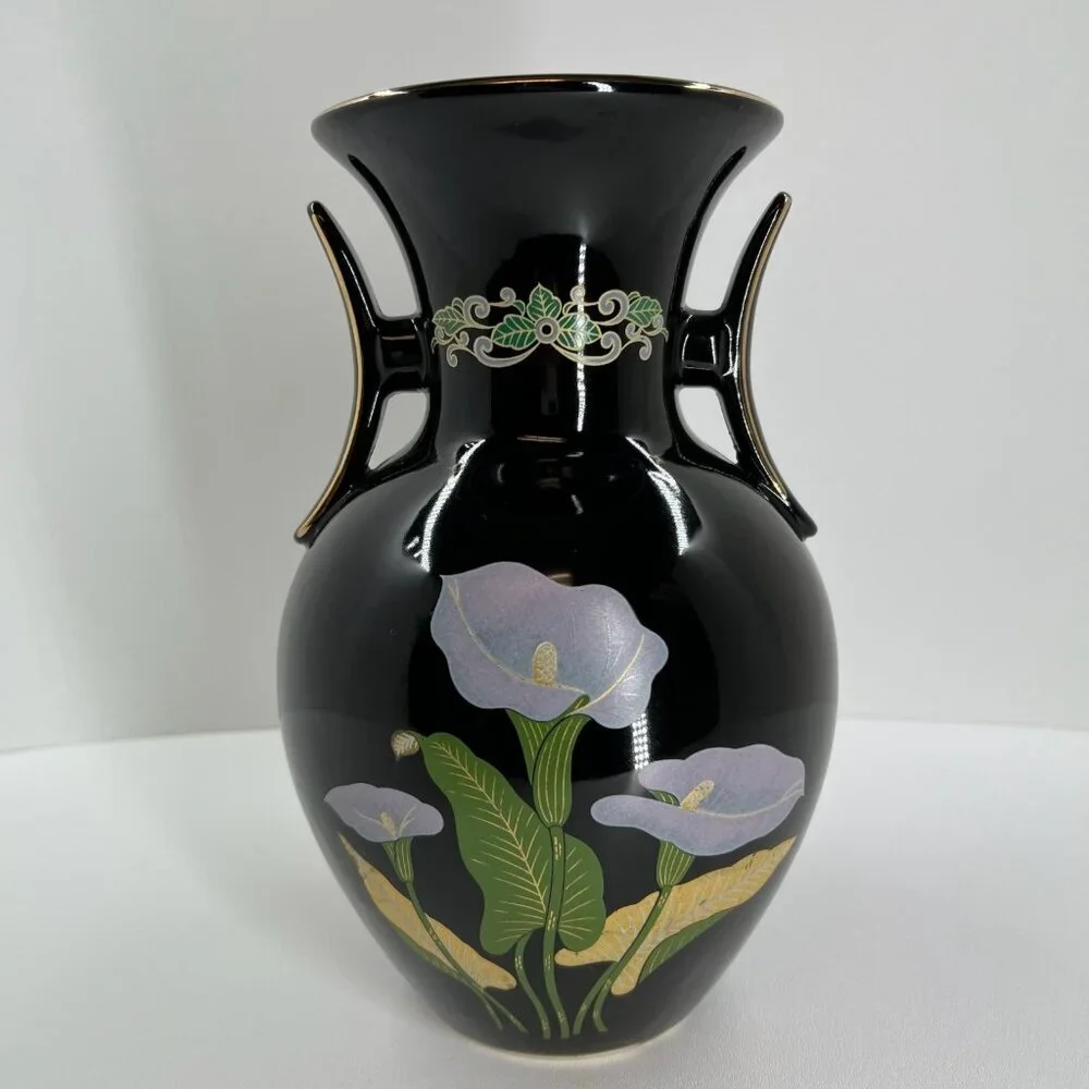 Vintage Japanese Black Floral Vase Calla Lily Vase Gold Trim Dual Handle Decor